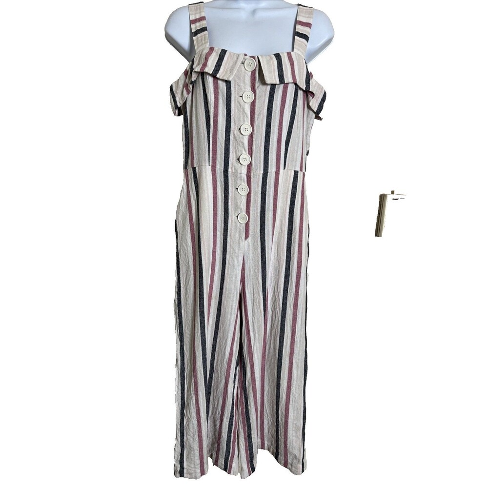 Vince Camuto Striped Pockets Linen Button Front Wide Leg Crop Jumpsuit SZ S